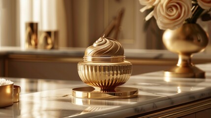 luxury skincare display, a premium snail mucin cream elegantly presented on a golden pedestal, showcasing its luxurious and high-quality components