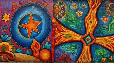 A vibrant mural depicting the peaceful coexistence of multiple religions