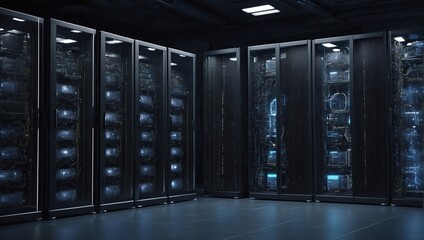 A dark room filled with tall black server racks with blinking lights.


