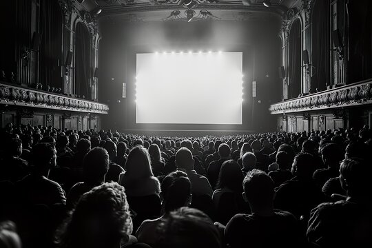 Fototapeta Black & white photo of a cinema theater with public