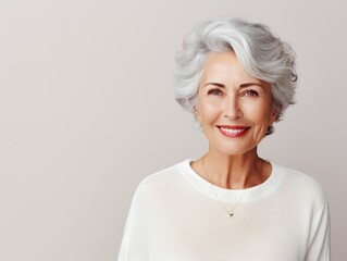 Ivory background Happy european white Woman grandmother realistic person portrait of young beautiful Smiling Woman Isolated on Background Banner 