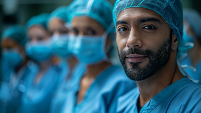 surgical team management, an indian male surgeon is leading a diverse team of nurses and technicians in a busy operating room with intense concentration and focus