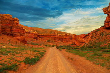 View of the Charyn Canyon at sunset. South-Eastern Kazakhstan.
