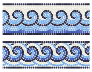 Seamless mosaic border with sea waves in portuguese style, decorative tiling with curly greek ornament, vector