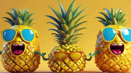 A cheerful Funny pineapple fruit character with large yellow sunglasses