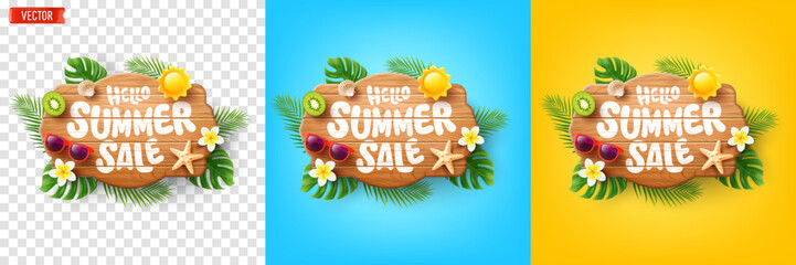 Hello Summer Sale Wooden Sign with Tropical Elements and Sunglasses on Yellow,Blue and Transparent Background