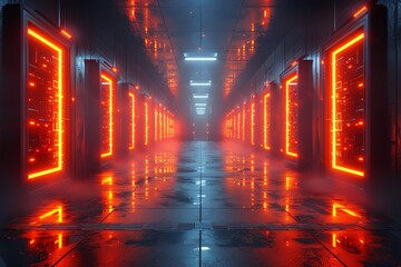 Futuristic server room with glowing red lights and reflective floor, showcasing advanced technology and a high-tech environment.