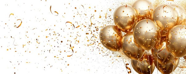 Gold and white balloons with gold confetti.Birthday &Celebration