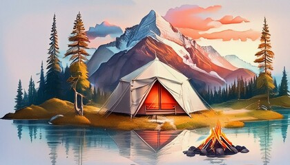 Camping design for T-shirts in red and white back ground
