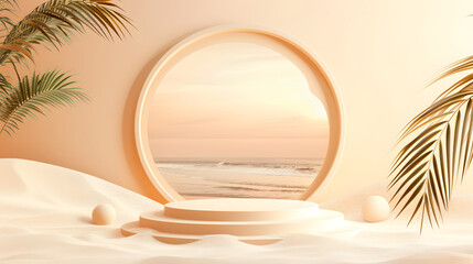 Surreal round portal framing a serene tropical beach, with palm leaves and soft sand