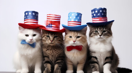 Independence Day of the USA, kittens in hats with the flag of America on a white background.