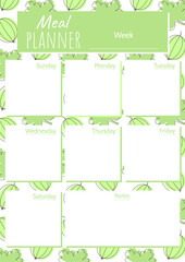 Weekly meal planner template with a pattern of berries and gooseberry leaves for A4 sheet format. Horizontal arrangement