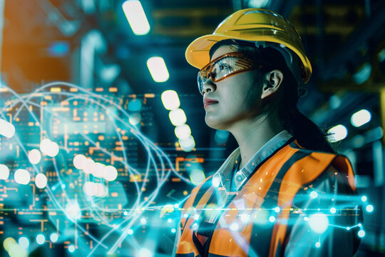 Dynamic composition of young Asian entrepreneur strategizing supply chain logistics in industrial workplace, with space for text overlay to highlight innovative approach. - Powered by Adobe