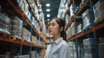 High-angle view of determined young Asian woman managing inventory in warehouse, showcasing leadership and management skills for smooth operations.