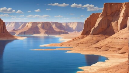 A wide canyon with red rock cliffs and a blue river running through it. The sky is blue with white clouds.

