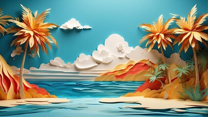 This is a colorful illustration of a beach with palm trees made out of paper.

