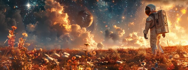 An astronaut exploring a distant planet with unique flora and fauna. Distant stars and planets visible in the background.