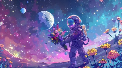 Astronaut Exploring Enchanting Cosmic Landscape with Vibrant Flowers and Celestial Wonders