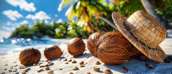 Tropical Beach with Coconuts and Palm Leaves, Summer Vacation by the Blue Ocean