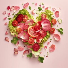 Tomatoes, beets, black garlic, white garlic, and green lettuce piled in the shape of a heart.