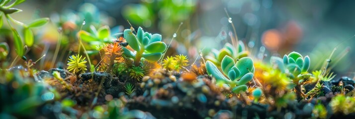 Close-up of dew-kissed plants in a vibrant sunlit macro landscape.
