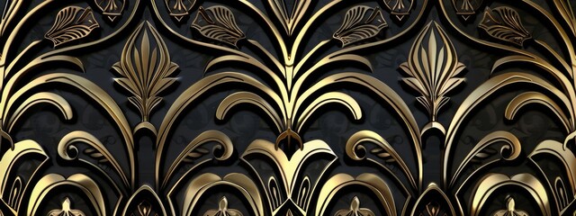 An elegant, art deco background with gold and black patterns.
