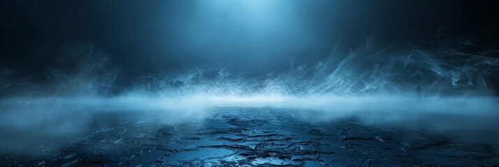 Fototapeta premium empty room with Dark blue background with smoke, empty stage for product presentation. Background of the floor studio room. empty dark stage dark blue abstract cement wall studio room with fog,