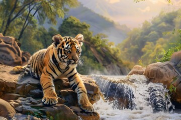 a cute Tiger on the bank of a river flowing over rocks