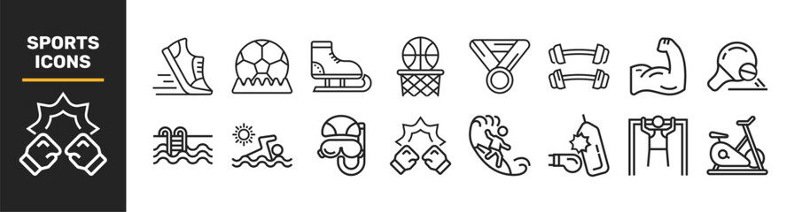 Set of 16 Sports line icons set. Sports outline icons with editable stroke collection. Includes Cricket, Football, Ping Pong, Baseball, E-Sports, and More.