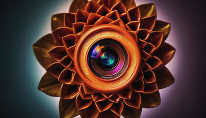 World Photography Day.photographer's day. photo camera. the camera lens is in the center of the flower. disguising a photogroff