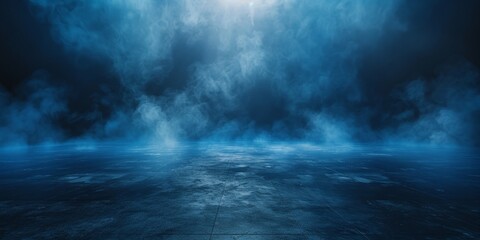 empty room with Dark blue background with smoke, empty stage for product presentation. Background of the floor studio room. empty dark stage dark blue abstract cement wall studio room with fog,