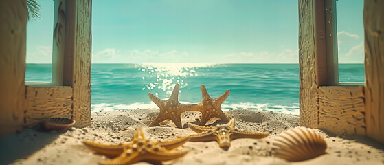 Tropical Beach with Starfish on Sandy Shore, Exotic Vacation Scene, Serene Seaside Day