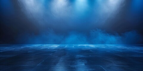 empty room with Dark blue background with smoke, empty stage for product presentation. Background of the floor studio room. empty dark stage dark blue abstract cement wall studio room with fog,