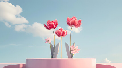 Surreal pink tulips on pastel sky background