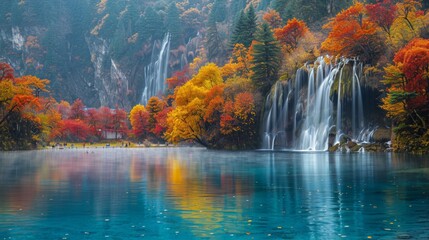 Jiuzhaigou Valley, colorful lakes, waterfalls, autumn foliage 