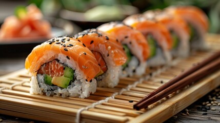 stylish sushi rolls on bamboo mat with chopsticks, highlighting minimalist japanese cuisine design...
