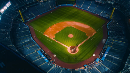 An aerial view of a lone baseball player at home plate, the entire empty stadium seen from above under night lights, providing a unique perspective and substantial copy space.