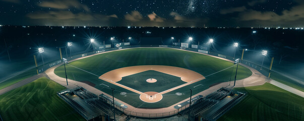 An aerial shot of an empty baseball stadium under starry skies, the entire complex lit by soft ambient lights, providing expansive copy space above.