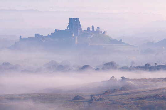 Corfe Castle, castle ruins and village, emerging from early morning mist. Photographed from Kingston, Dorset, UK. April. 

