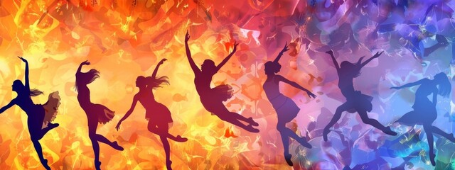 Obraz premium An energetic, dance-themed background with silhouettes of dancers in motion.