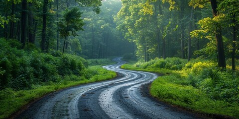 A winding, misty road leads through a lush forest on a foggy morning.