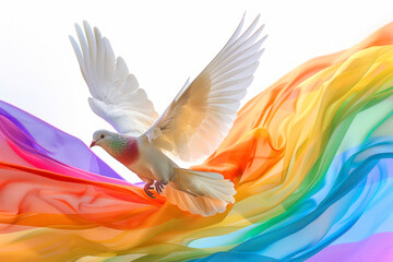 Obraz premium A white dove soars through a colorful swirl of fabric, symbolizing peace, hope, and unity.