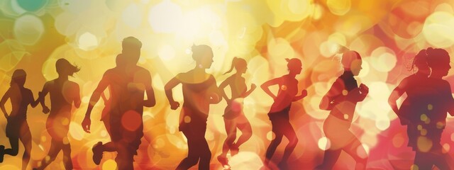 An energetic, workout-themed background with silhouettes of people exercising.