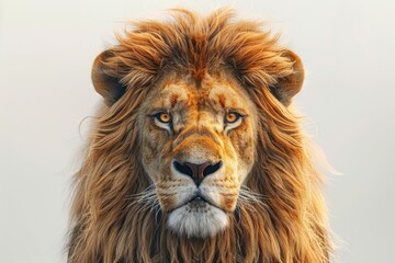 Fototapeta premium Close-up portrait of a majestic lion with a full mane, looking directly at the camera.