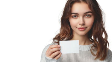 Close-up of a young woman holding a blank card, aspiring entrepreneur.