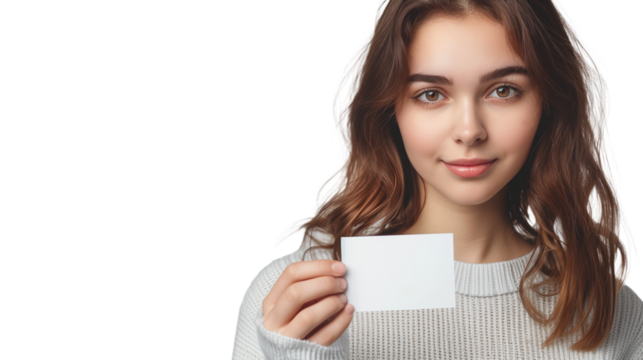 Close-up of a young woman holding a blank card, aspiring entrepreneur.