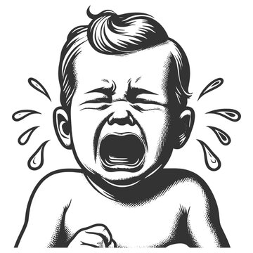 recommend clip art: intense emotion of a crying baby, with detailed expression and classic styling sketch engraving generative ai fictional character vector illustration. Scratch board imitation. Black and white image.