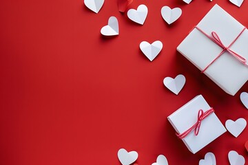 Valentine's Day Background with White Paper Hearts and Gift Box