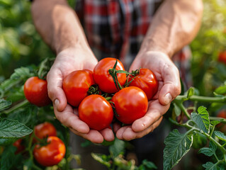 fresh tomato is being harvested. A farmer's hands