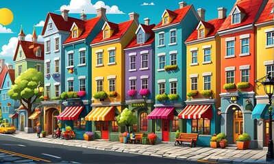 Beautiful cartoon city, beautiful city, cartoons for children. illustration vector. Generative AI